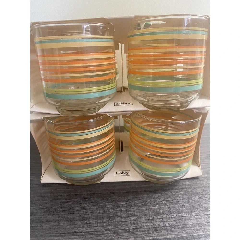Vintage 70's Libbey Striped Juice Glasses‎ In Box Retro MCM Imperfect